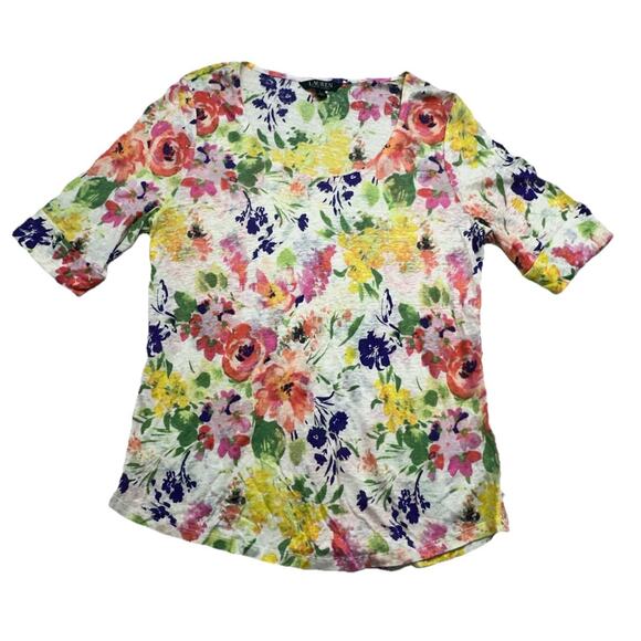 Lauren Ralph Lauren Tops - Lauren Ralph Lauren Womens Large Linen Blouse Multicolor Floral Top Cottage
